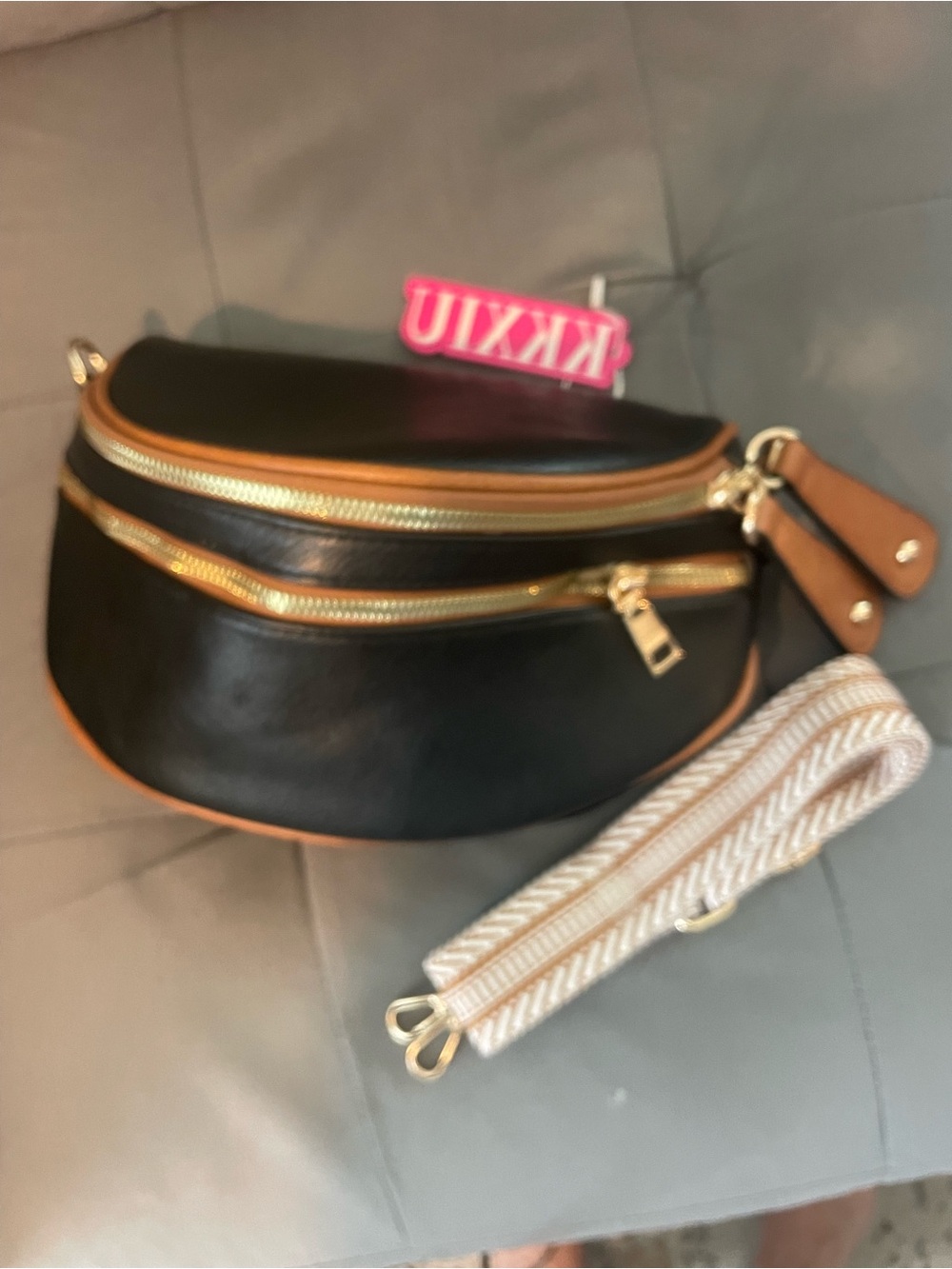 Black Crossbody Belt Bag with Tan Trim and Removable Strap